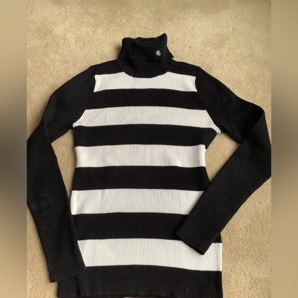 LAUREN Ralph Lauren 100% cotton black and white striped turtleneck. M